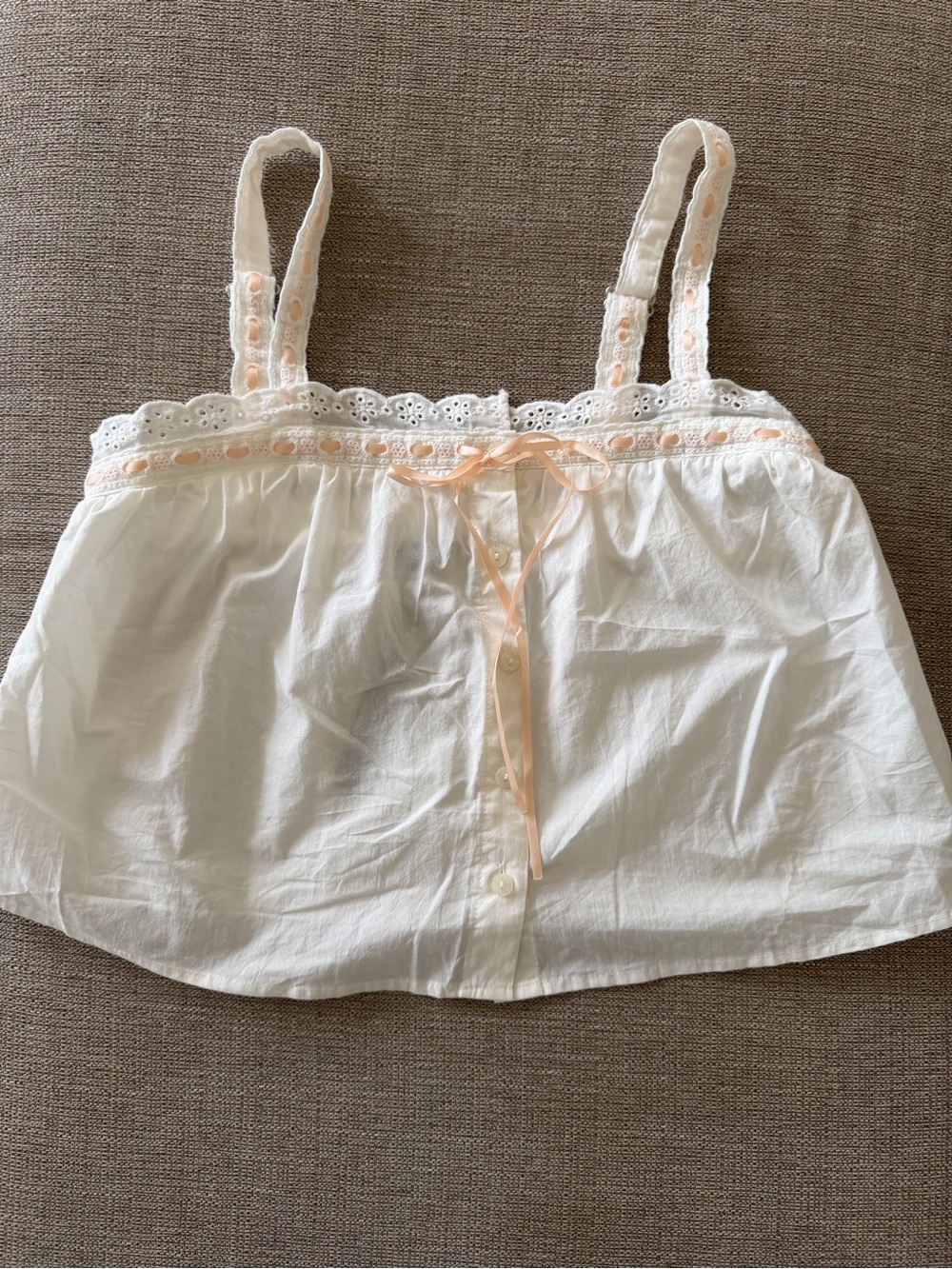 White Cotton Eyelet Peplum Camisole with Peach Ribbon